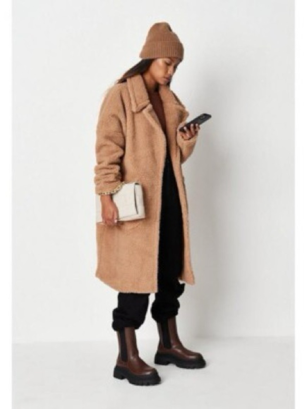 Missguided Tan Borg Oversized Fit Teddy Faux-Shearling Long Coat Jacket Camel